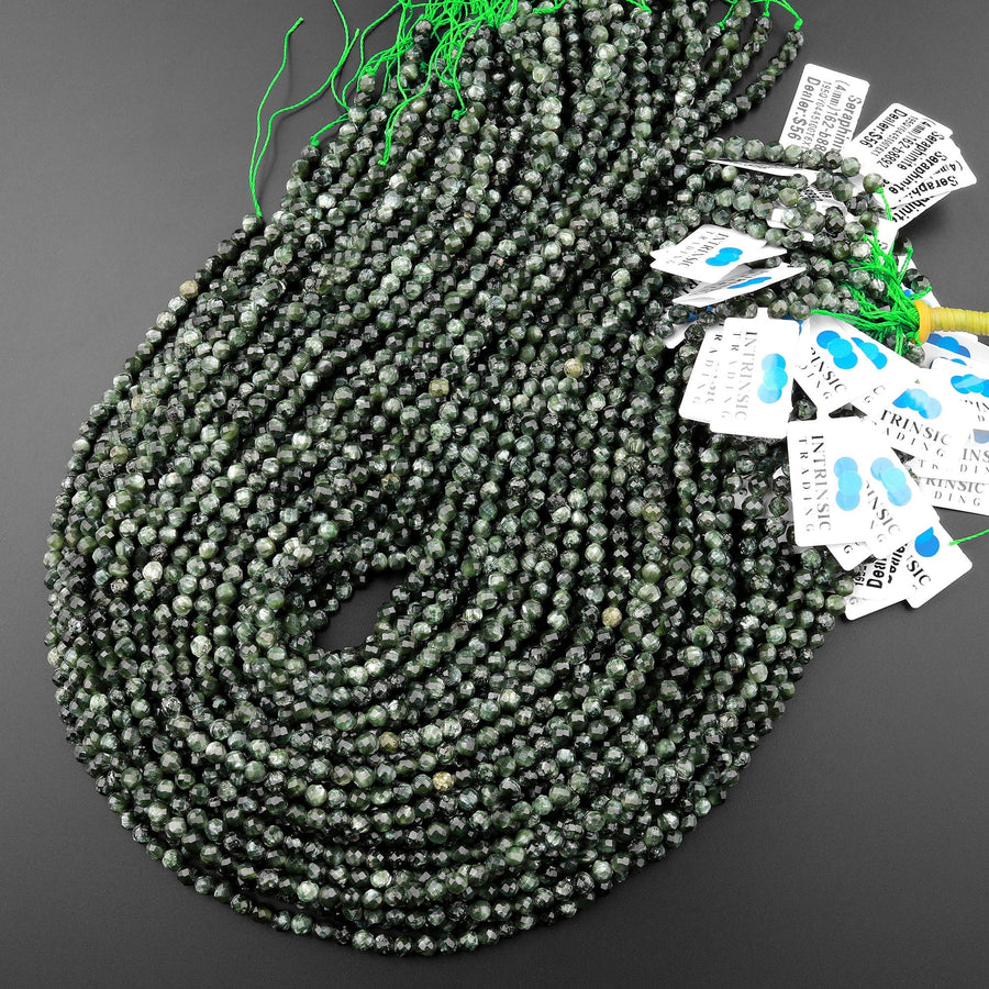 AAA Natural Green Seraphinite Faceted Round Beads 2mm 3mm 4mm 5mmGemstone From Russia 15.5" Strand
