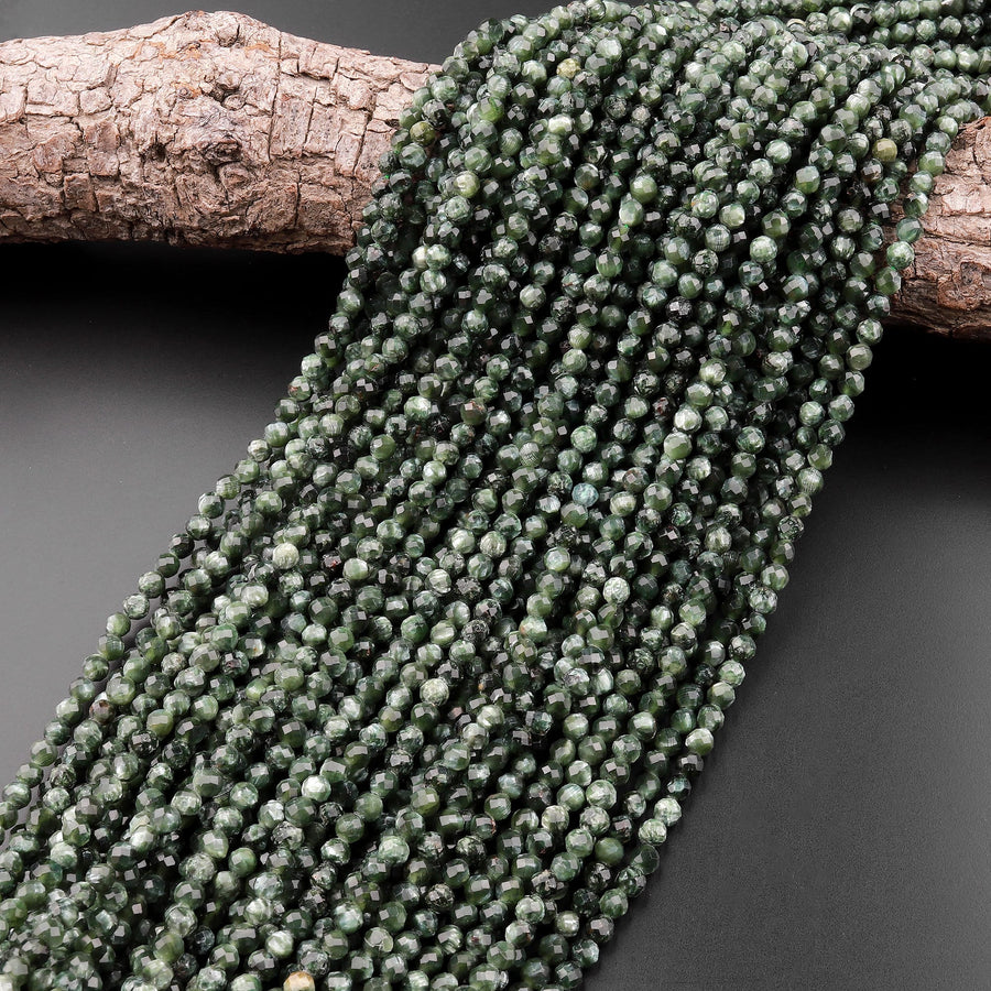 AAA Natural Green Seraphinite Faceted Round Beads 2mm 3mm 4mm 5mmGemstone From Russia 15.5" Strand
