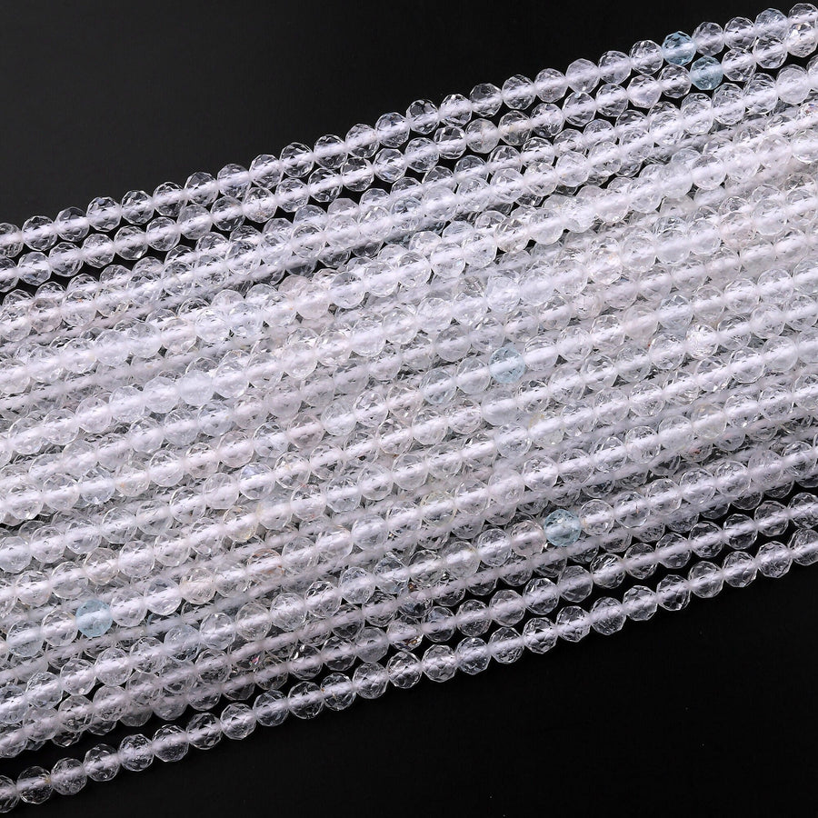 AAA Faceted Natural White Topaz 3mm 4mm 5mm 6mm Round Beads Micro Diamond Cut Gemstone Real Genuine Blue Topaz Gemstone 15.5" Strand