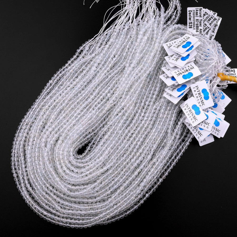 AAA Faceted Natural White Topaz 3mm 4mm 5mm 6mm Round Beads Micro Diamond Cut Gemstone Real Genuine Blue Topaz Gemstone 15.5" Strand