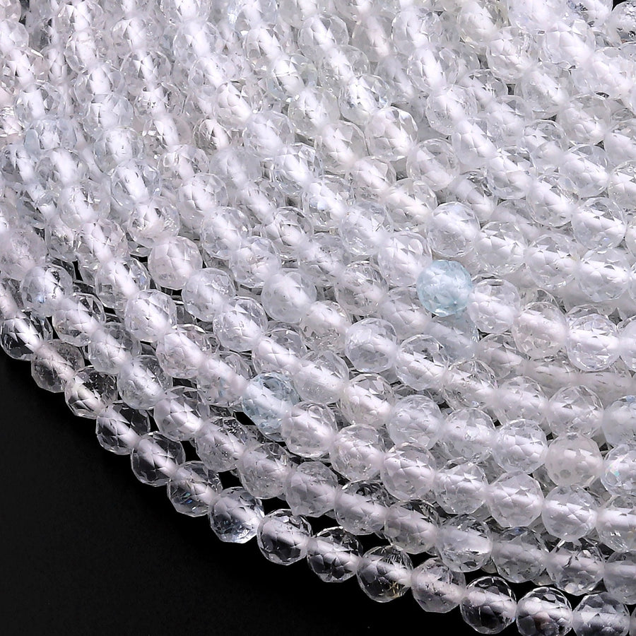 AAA Faceted Natural White Topaz 3mm 4mm 5mm 6mm Round Beads Micro Diamond Cut Gemstone Real Genuine Blue Topaz Gemstone 15.5" Strand