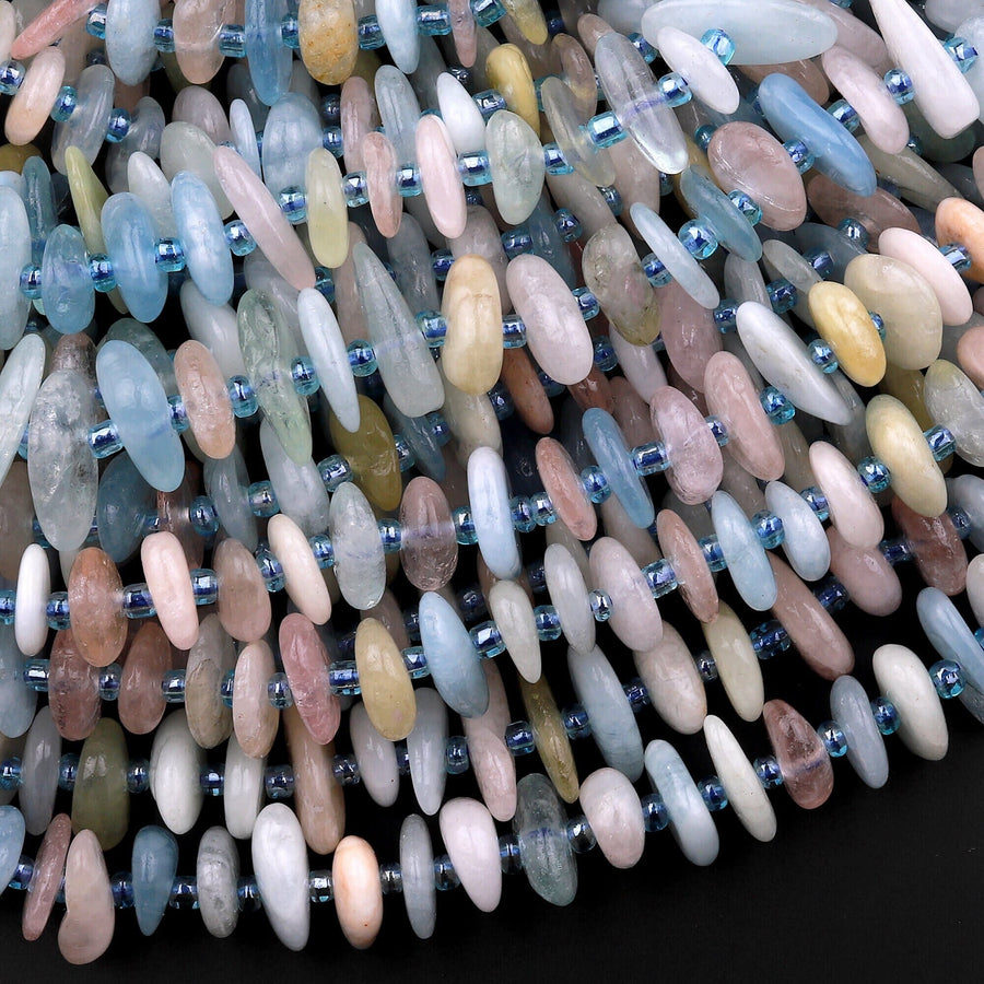 Multicolor Pink Blue Green Aquamarine Morganite Beryl Smooth Freeform Disc Chip Beads 15.5" Strand