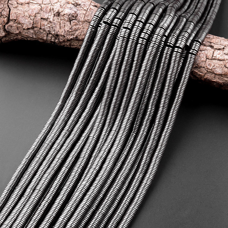 Natural Black Hematite Heishi beads 2mm 3mm 4mm 6mm 8mm Thin Rondelle 15.5" Strand