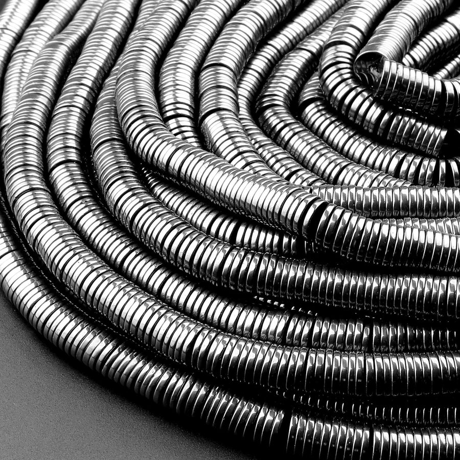 Natural Black Hematite Heishi beads 2mm 3mm 4mm 6mm 8mm Thin Rondelle 15.5" Strand