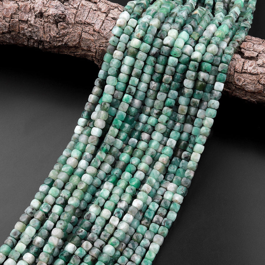 Real Genuine Natural Green Emerald 5mm 6mm Faceted Cube Beads Dice Square Gemstone 15.5" Strand