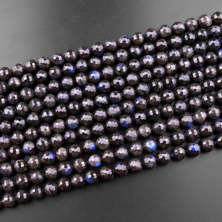Rare Natural Black Labradorite Faceted Round Beads 6mm 8mm 10mm Blue Flashes 15.5" Strand