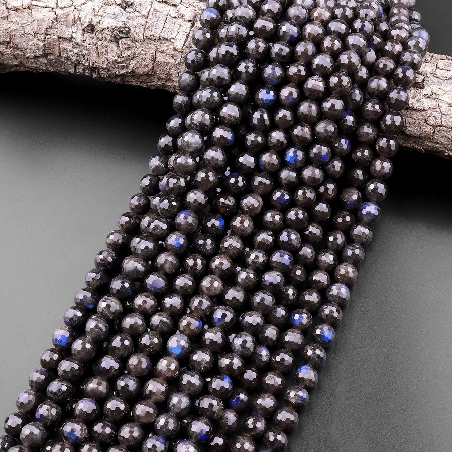 Rare Natural Black Labradorite Faceted Round Beads 6mm 8mm 10mm Blue Flashes 15.5" Strand