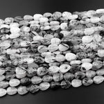 Natural Black Tourmaline Rutilated Quartz Leaf Beads Hand Carved Gemstone 15.5" Strand