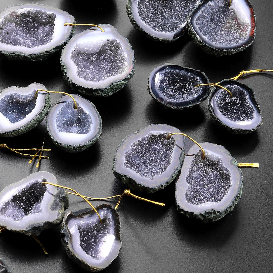 Drilled Natural Tabasco Geode Earrings Pair Black Druzy Drusy Agate Freeform Matched Gemstone Beads