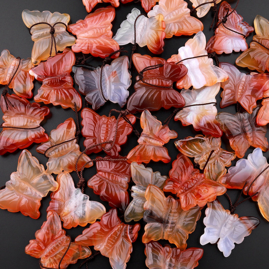 Hand Carved Natural Carnelian Butterfly Pendant Vertically Drilled Gemstone Focal Bead