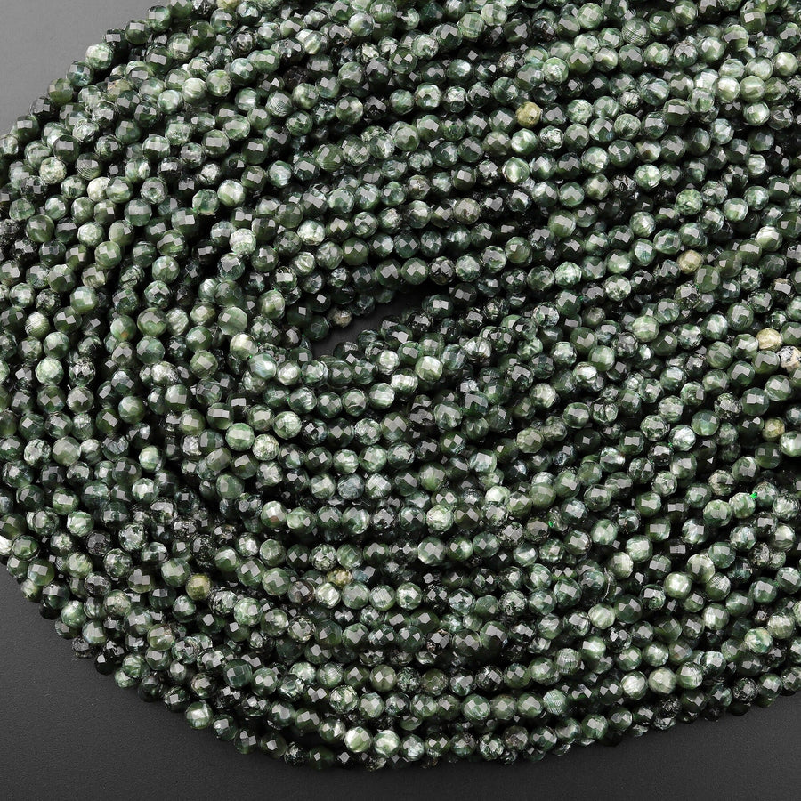 AAA Natural Green Seraphinite Faceted Round Beads 2mm 3mm 4mm 5mmGemstone From Russia 15.5" Strand