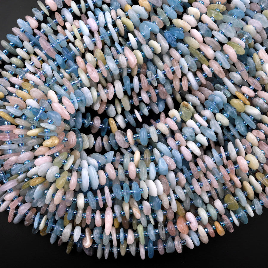 Multicolor Pink Blue Green Aquamarine Morganite Beryl Smooth Freeform Disc Chip Beads 15.5" Strand
