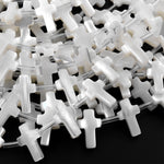 AAA Iridescent Carved Natural White Mother of Pearl Shell Cross Beads Side Drilled 15.5" Strand