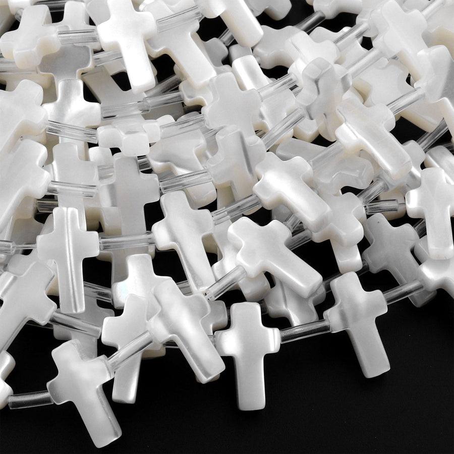 AAA Iridescent Carved Natural White Mother of Pearl Shell Cross Beads Side Drilled 15.5" Strand