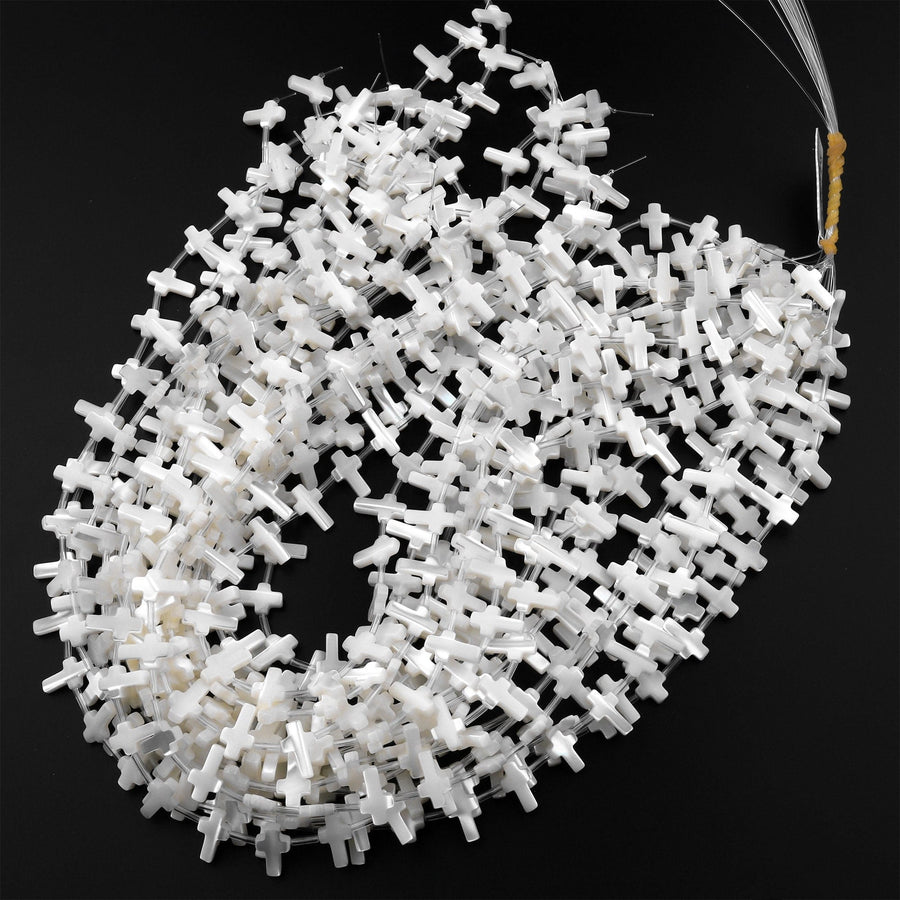 AAA Iridescent Carved Natural White Mother of Pearl Shell Cross Beads Side Drilled 15.5" Strand