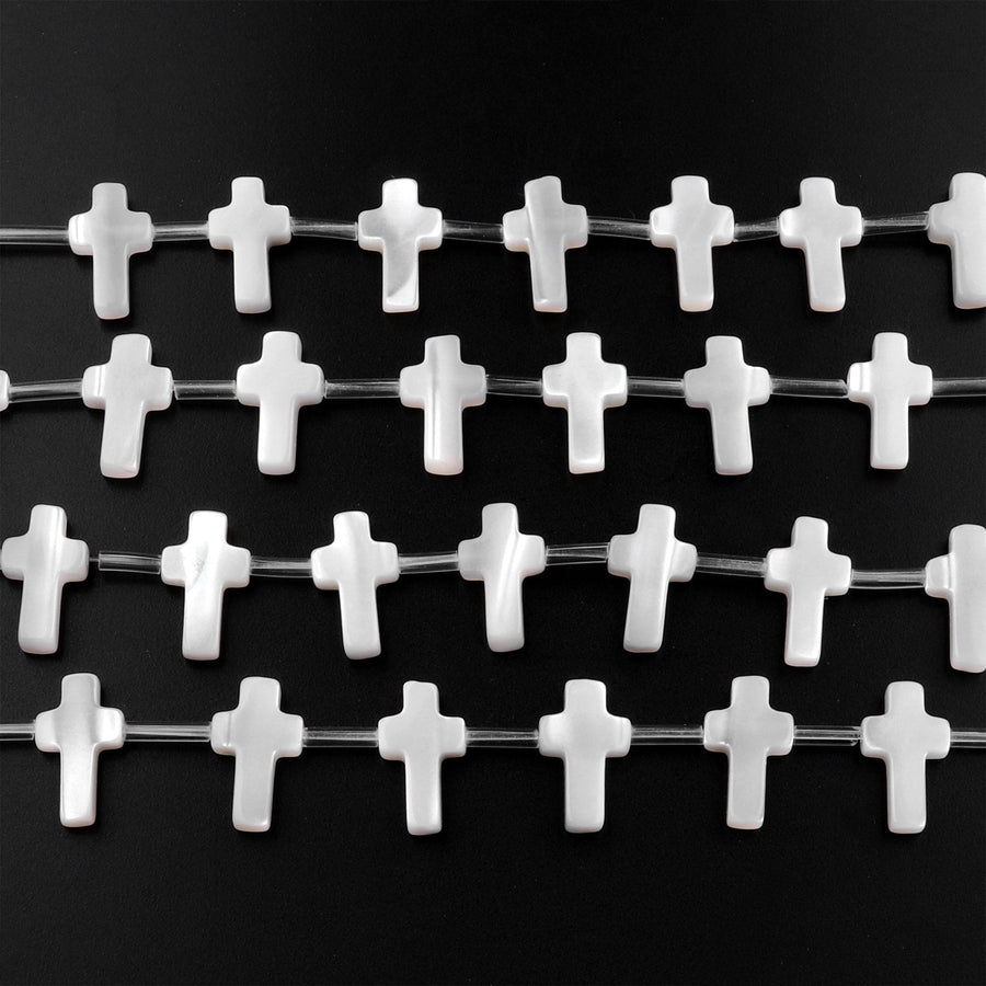 AAA Iridescent Carved Natural White Mother of Pearl Shell Cross Beads Side Drilled 15.5" Strand