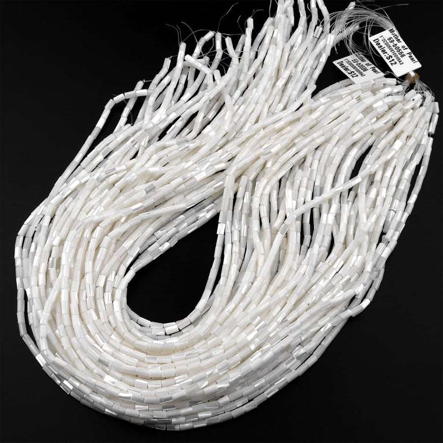AAA Natural White Mother of Pearl Small Tube Cylinder Beads 15.5" Strand