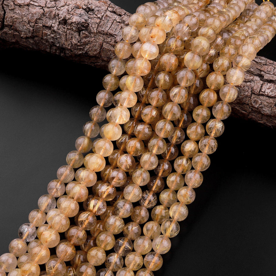 AAA Natural Golden Rutilated Quartz 4mm 6mm 8mm 10mm 12mm 14mm Round Beads Sharp Rutile Hair Needle 15.5" Strand