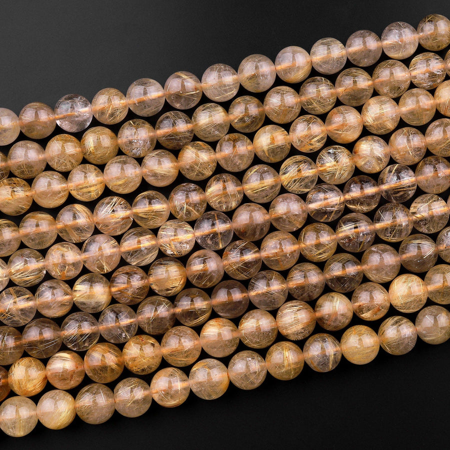 AAA Natural Golden Rutilated Quartz 4mm 6mm 8mm 10mm 12mm 14mm Round Beads Sharp Rutile Hair Needle 15.5" Strand