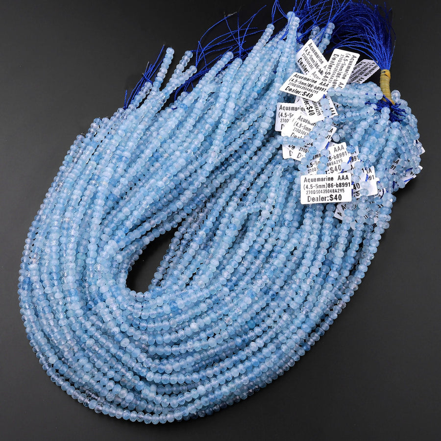 AAA Extra Translucent Faceted Natural Blue Aquamarine Rondelle Beads 3mm 4mm 5mm 7mm 15.5" Strand