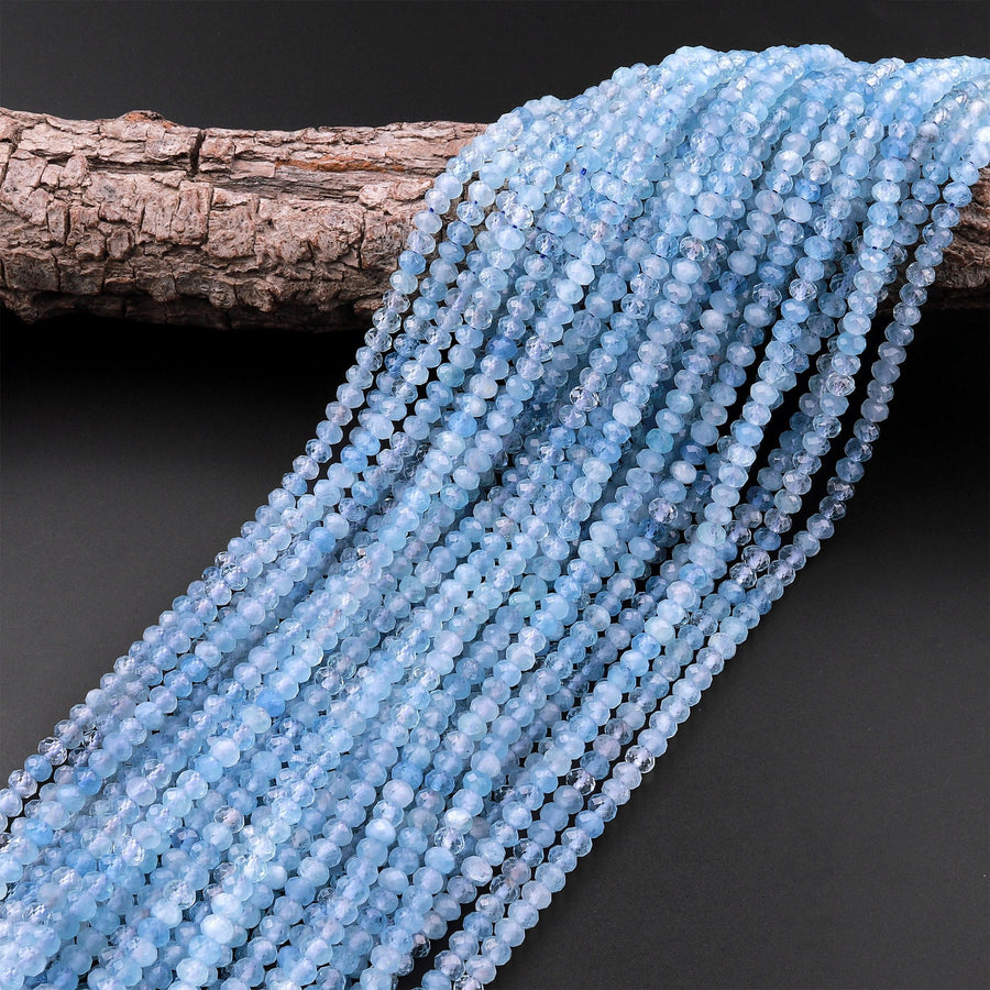 AAA Extra Translucent Faceted Natural Blue Aquamarine Rondelle Beads 3mm 4mm 5mm 7mm 15.5" Strand