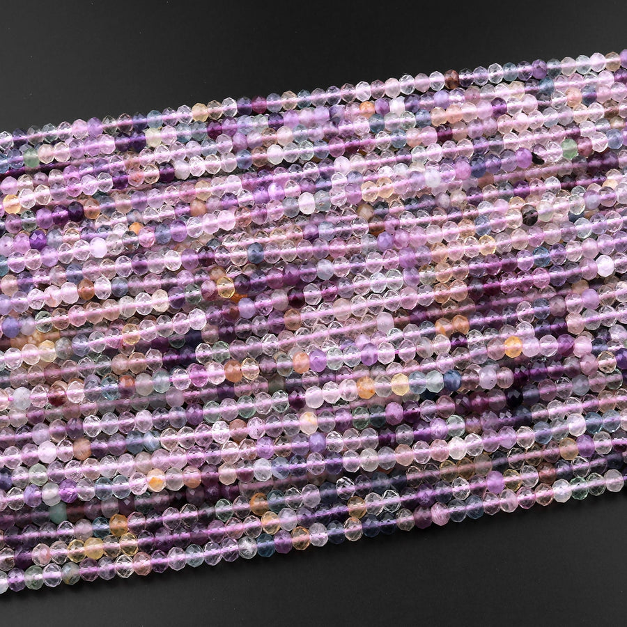 Natural Rainbow Fluorite Faceted 4mm Rondelle Beads Micro Laser Cut Multicolor Gemstone Beads 15.5" Strand