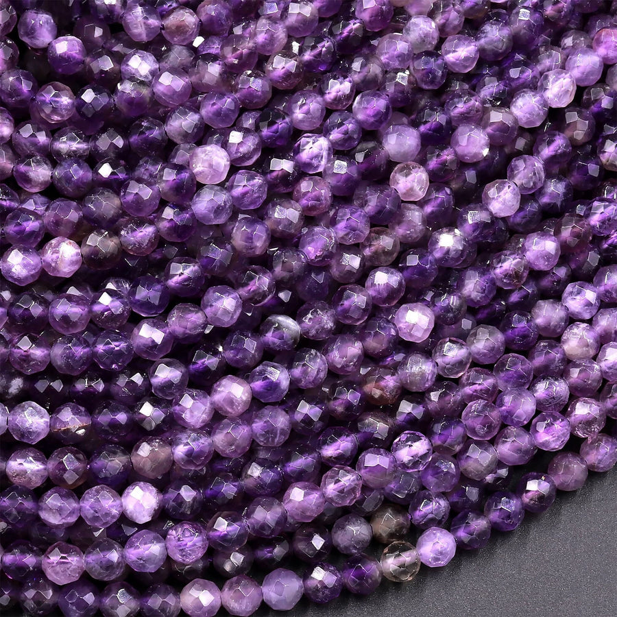 Faceted Natural Amethyst 4mm 5mm 6mm Round Beads 15.5" Strand