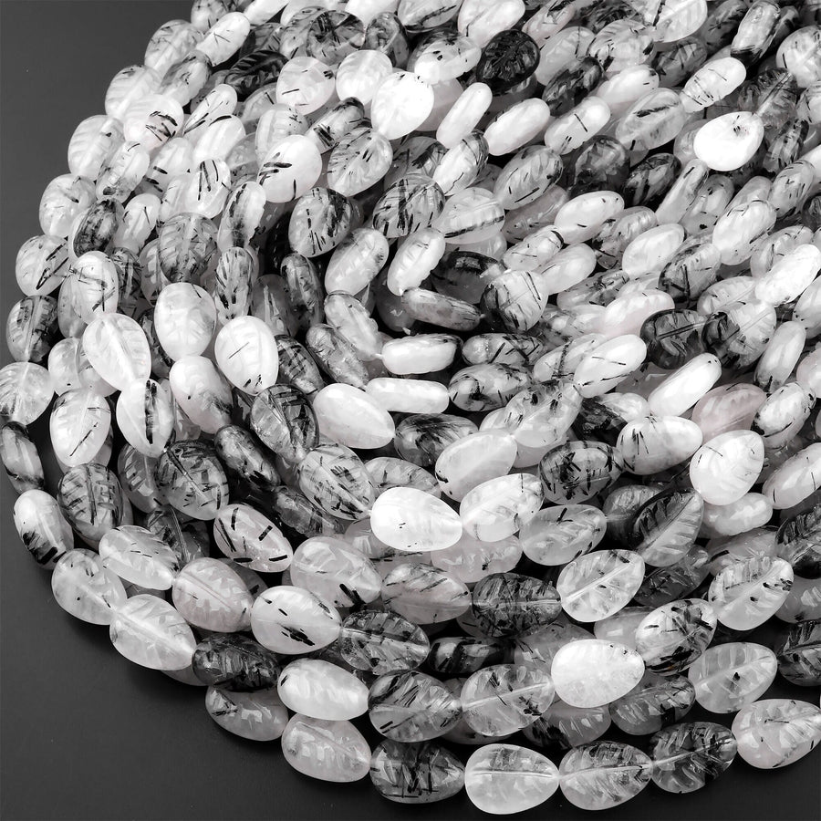 Natural Black Tourmaline Rutilated Quartz Leaf Beads Hand Carved Gemstone 15.5" Strand