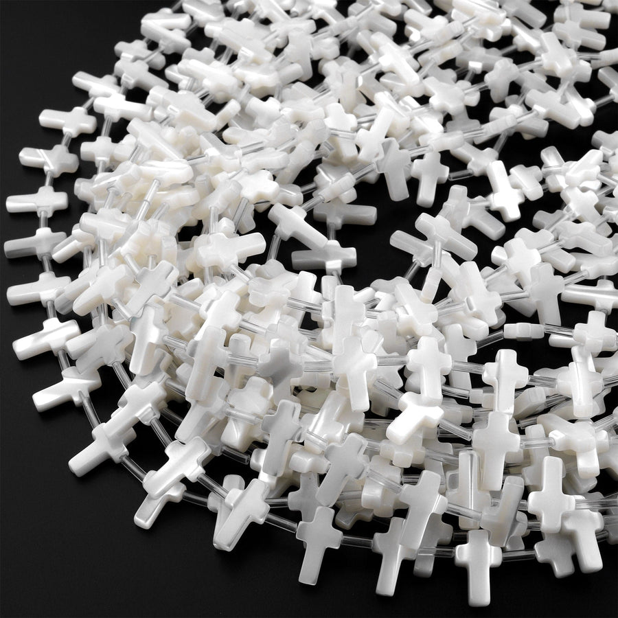 AAA Iridescent Carved Natural White Mother of Pearl Shell Cross Beads Side Drilled 15.5" Strand