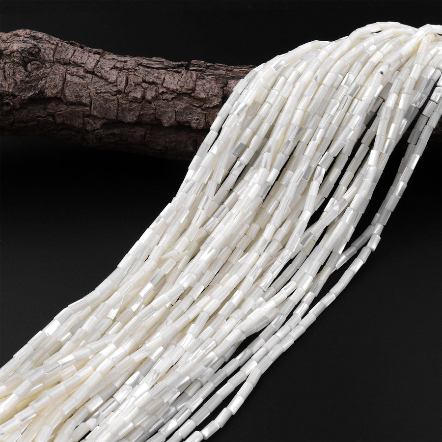 AAA Natural White Mother of Pearl Small Tube Cylinder Beads 15.5" Strand