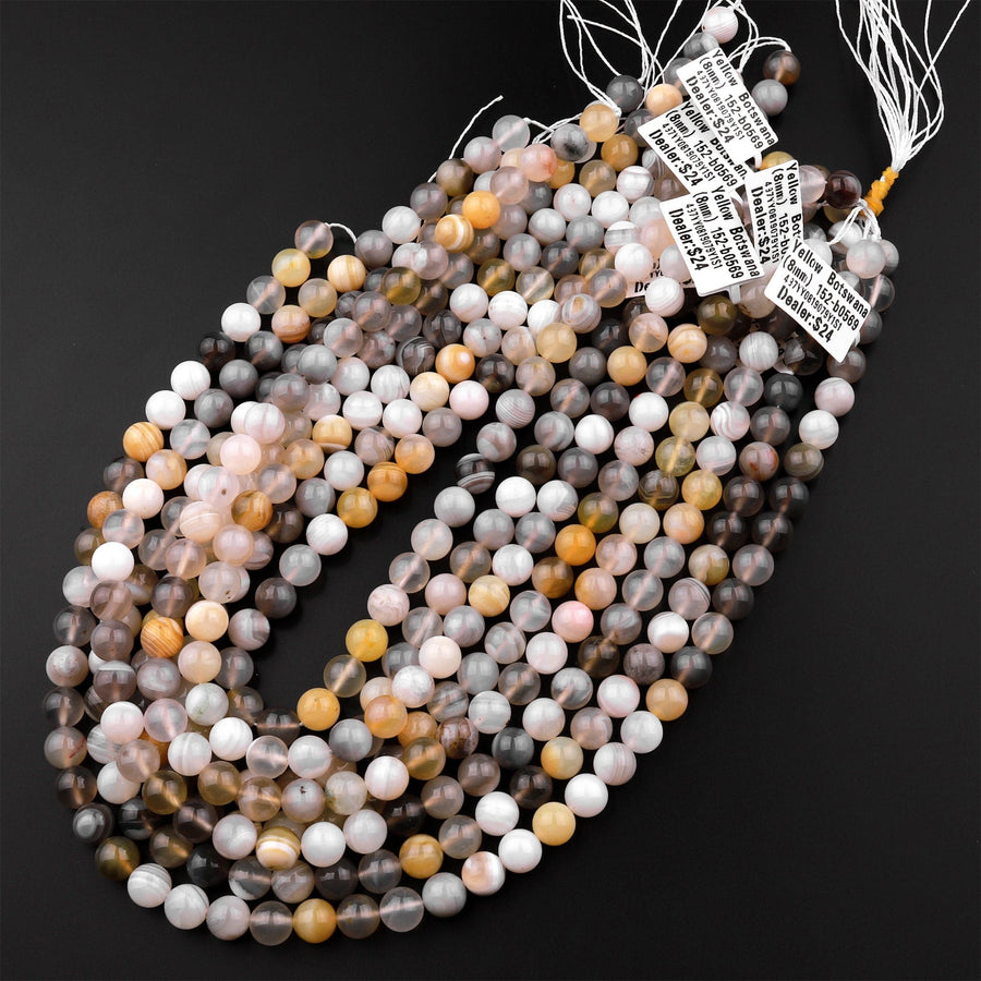 Natural Yellow Botswana Agate 6mm 8mm Round Beads 15.5" Strand