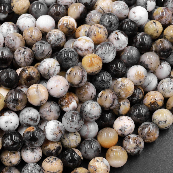 Natural Dendritic Opal 6mm 8mm Round Beads Gray Tan Brown Creamy White Colors 15.5" Strand