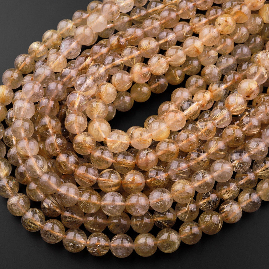 AAA Natural Golden Rutilated Quartz 4mm 6mm 8mm 10mm 12mm 14mm Round Beads Sharp Rutile Hair Needle 15.5" Strand