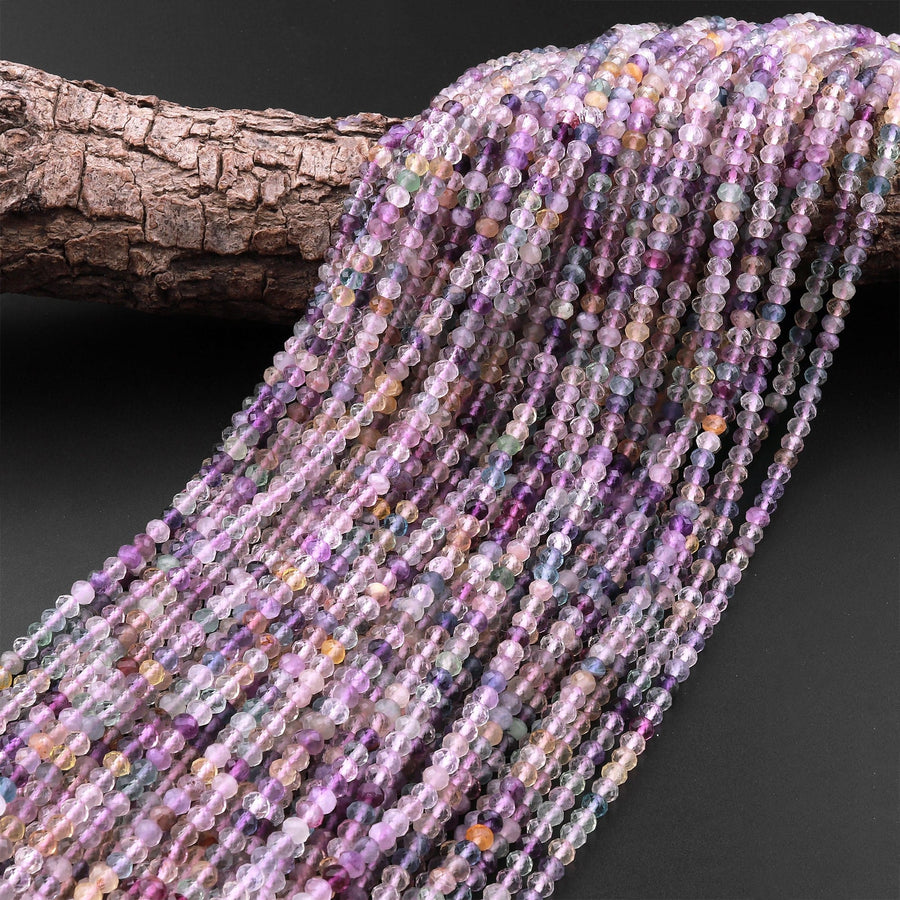 Natural Rainbow Fluorite Faceted 4mm Rondelle Beads Micro Laser Cut Multicolor Gemstone Beads 15.5" Strand