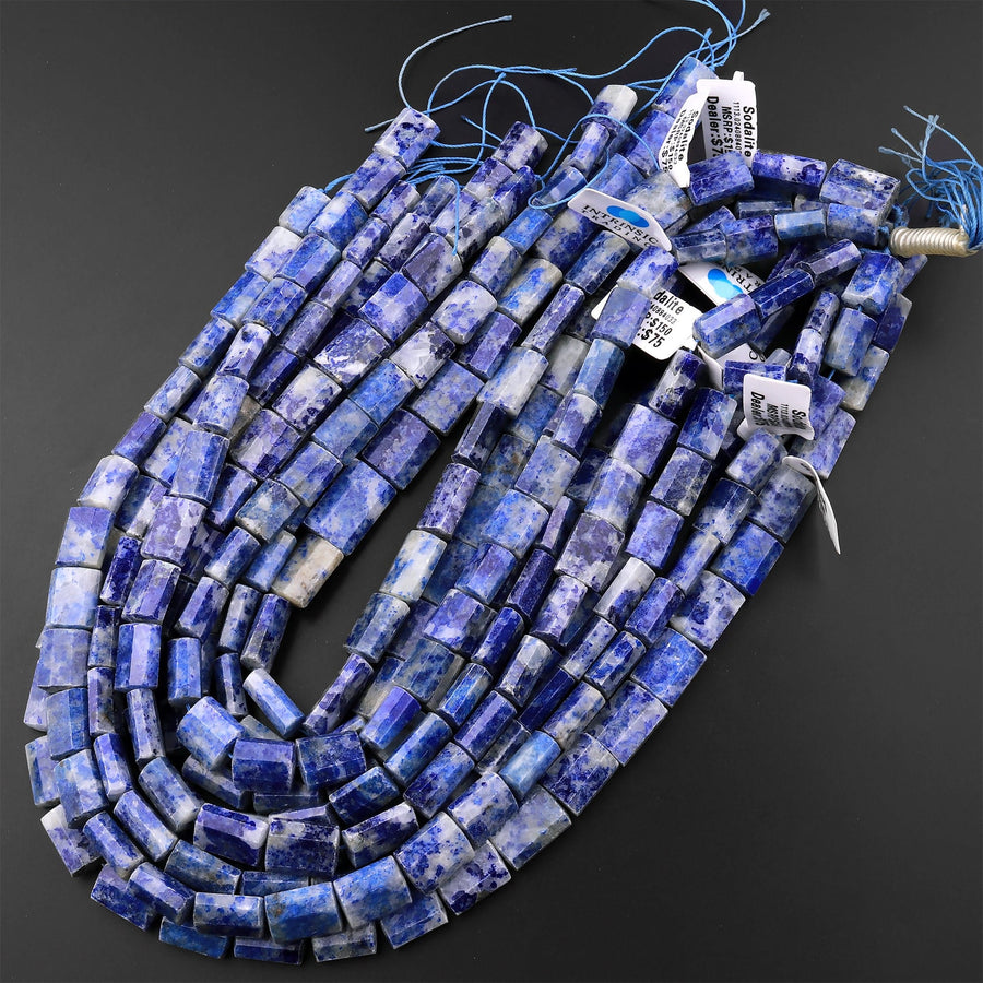 Faceted Natural Snow Mountain Sodalite Nuggets Large Chunky Faceted Flat Rectangle Beads 15.5" Strand