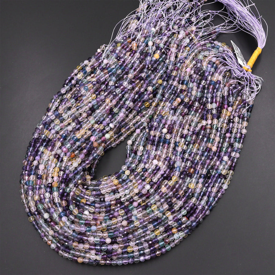 Natural Fluorite Faceted 4mm Round Beads Micro Cut Purple Green Yellow Gemstone Bead 15.5" Strand
