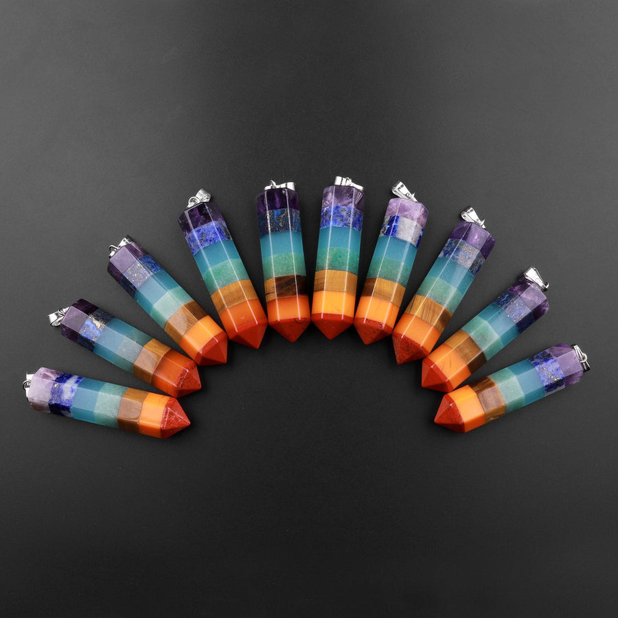 AAA Rainbow Chakra Crystal Pendant Healing Stone Pendulum Tower Point
