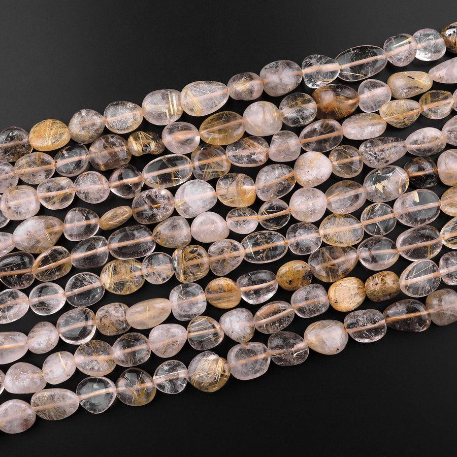 Natural Golden Rutile Quartz Freeform Oval Pebble Nugget Beads Gemstone 15.5" Strand
