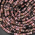 Natural Pink Rhodonite Beads 6mm 8mm Smooth Rondelle Earthy Pink Interesting Black Matrix Beads 15.5" Strand