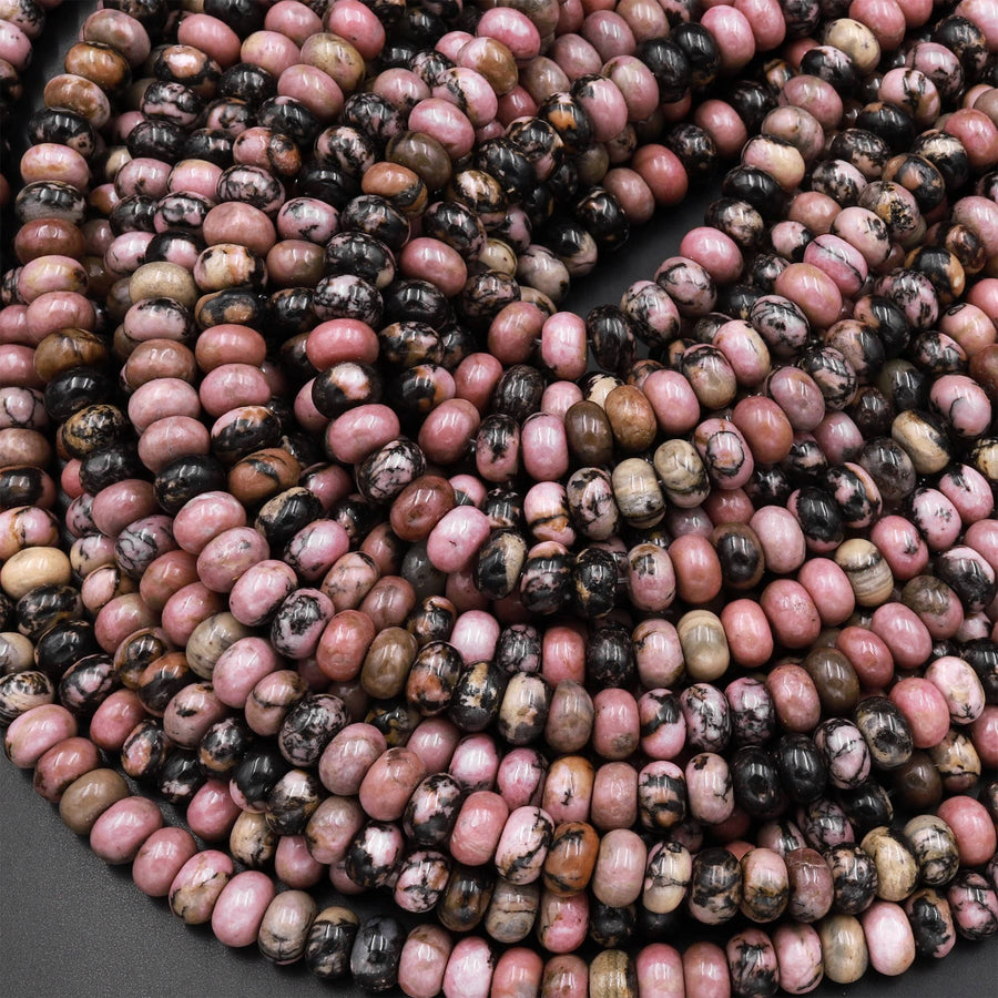 Natural Pink Rhodonite Beads 6mm 8mm Smooth Rondelle Earthy Pink Interesting Black Matrix Beads 15.5" Strand