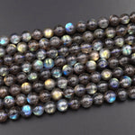 Natural Labradorite 4mm 5mm 6mm 7mm 8mm 9mm 10mm Round Beads Golden Green Flashes 15.5" Strand