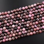 Natural Pink Rhodonite Beads 4mm 6mm 8mm 10mm Round Beads Earthy Pink Interesting Black Matrix Beads 15.5" Strand