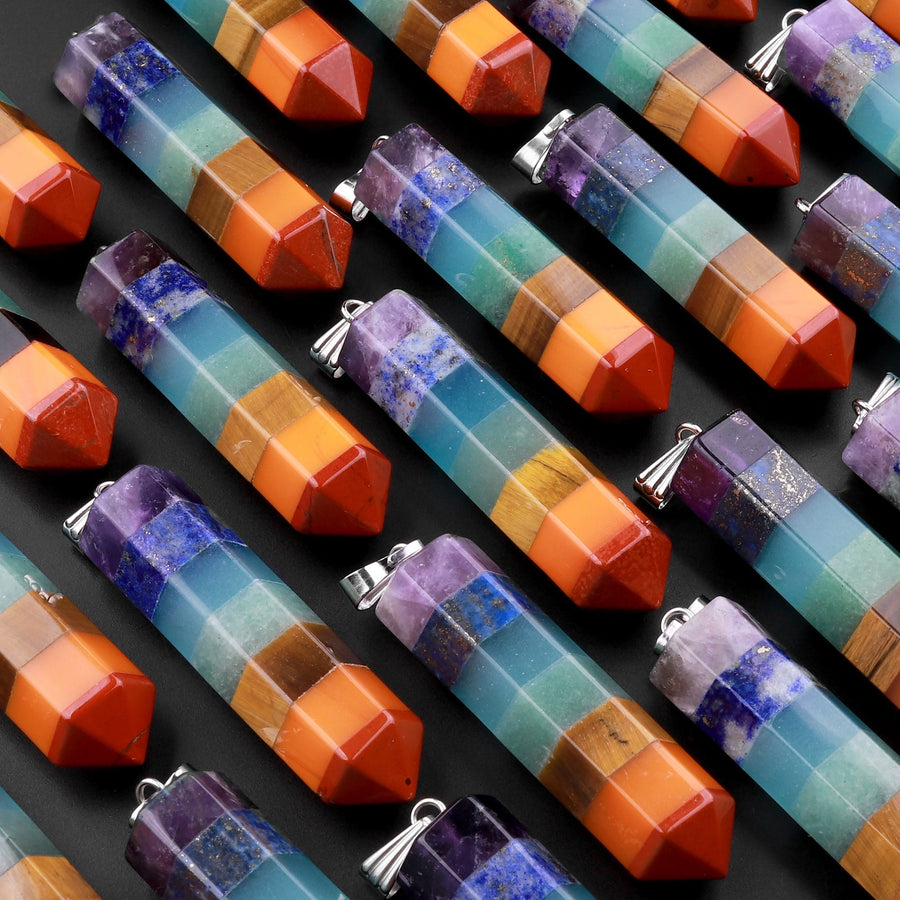 AAA Rainbow Chakra Crystal Pendant Healing Stone Pendulum Tower Point