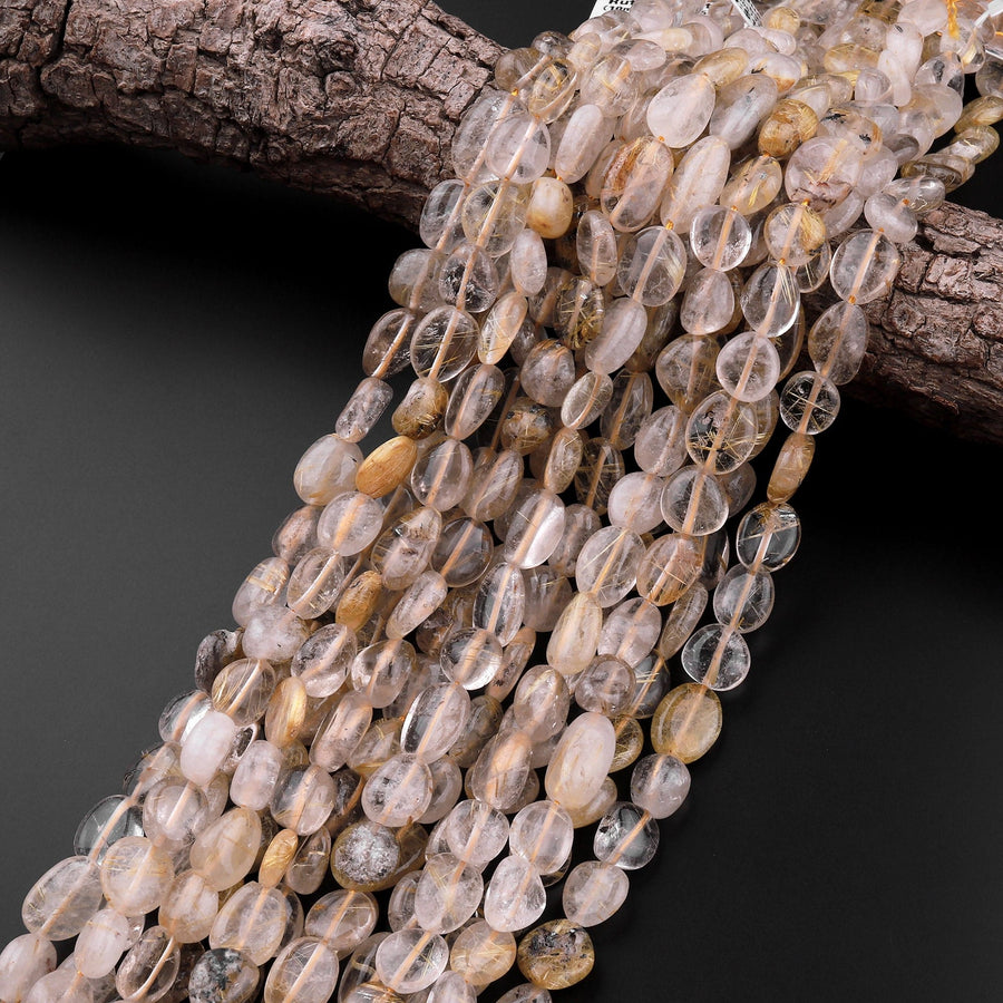 Natural Golden Rutile Quartz Freeform Oval Pebble Nugget Beads Gemstone 15.5" Strand