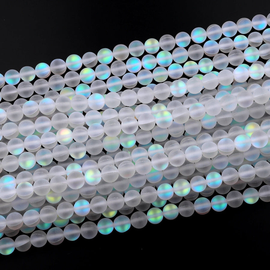 Mermaid Stone beads Aka Mystic Aura Quartz White Matte Synthetic Rainbow Moonstone 6mm 8mm 10mm 12mm Round Beads 15.5" Strand