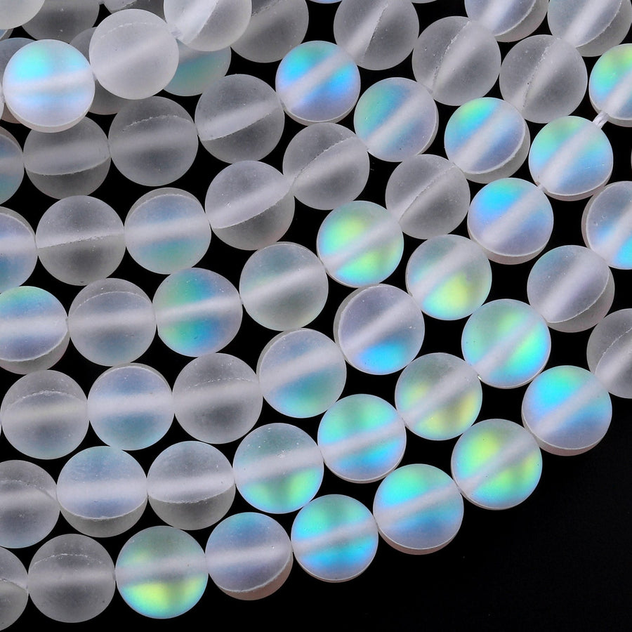 Mermaid Stone beads Aka Mystic Aura Quartz White Matte Synthetic Rainbow Moonstone 6mm 8mm 10mm 12mm Round Beads 15.5" Strand