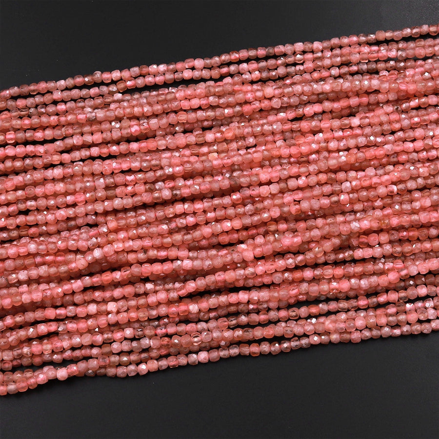 AAA Natural Pink Rhodochrosite Faceted 2mm 3mm Cube Square Dice Beads Gemstone 15.5" Strand