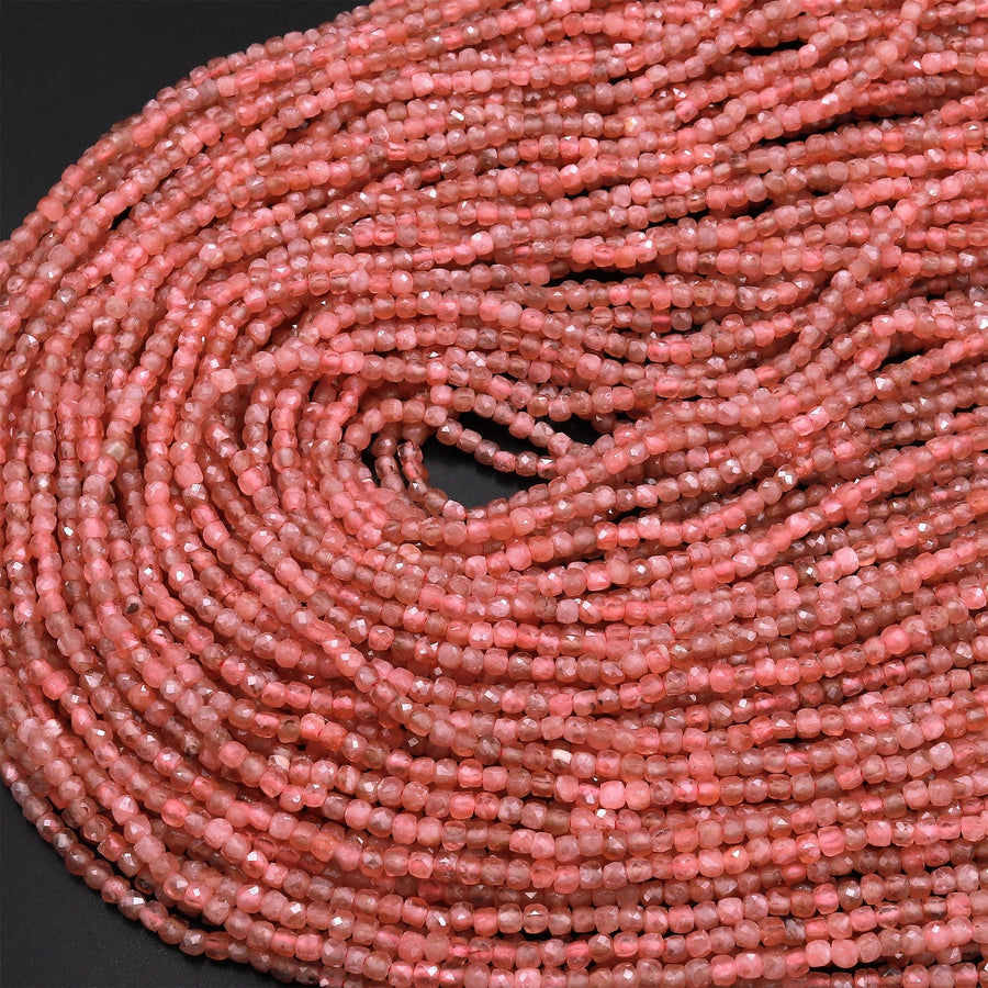 AAA Natural Pink Rhodochrosite Faceted 2mm 3mm Cube Square Dice Beads Gemstone 15.5" Strand