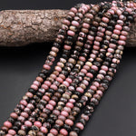 Natural Pink Rhodonite Beads 6mm 8mm Smooth Rondelle Earthy Pink Interesting Black Matrix Beads 15.5" Strand