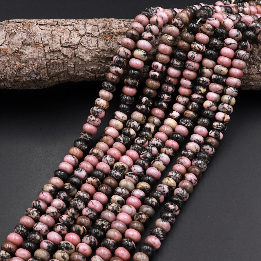 Natural Pink Rhodonite Beads 6mm 8mm Smooth Rondelle Earthy Pink Interesting Black Matrix Beads 15.5" Strand